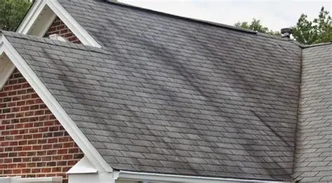 A shingled roof gable with dark stains caused by Gloeocapsa magma.