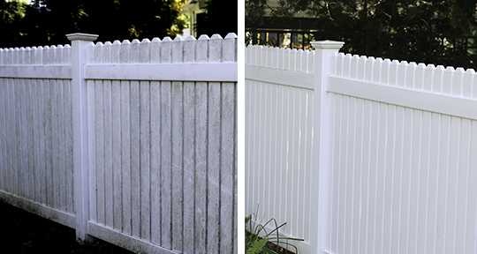 Before and after images of a white picket fence that has been soft washed by So Clean Solutions.