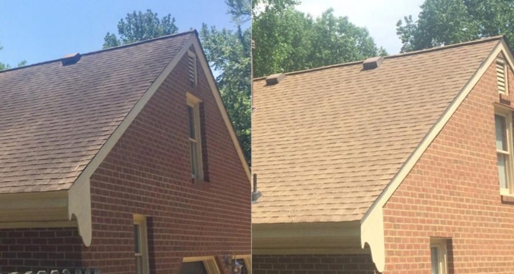 Before and after images of a shingle roof that has been soft washed by So Clean Solutions.