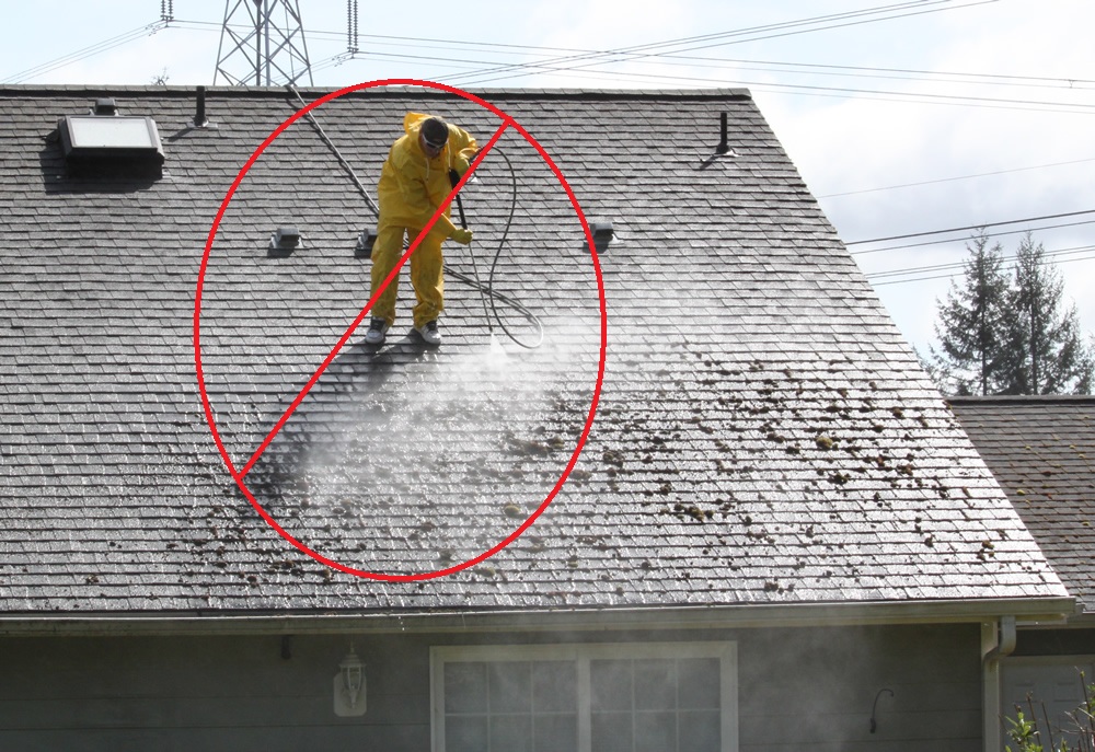 Pressure washing an asphalt shingle roof can cause damage and void warranties. 