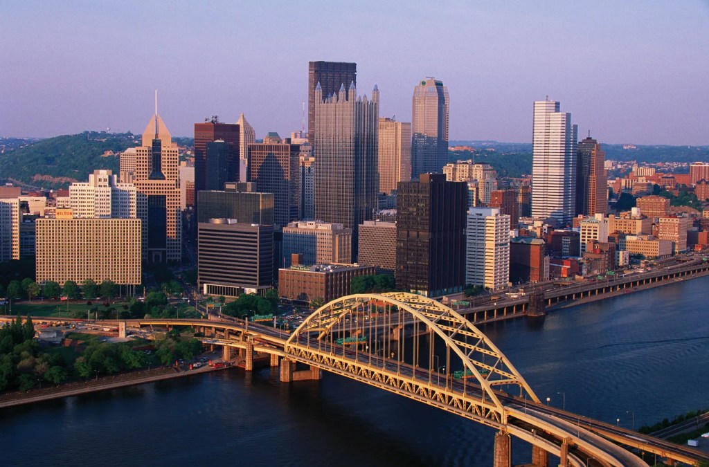 A bird's-eye view of downtown Pittsburgh from the west.