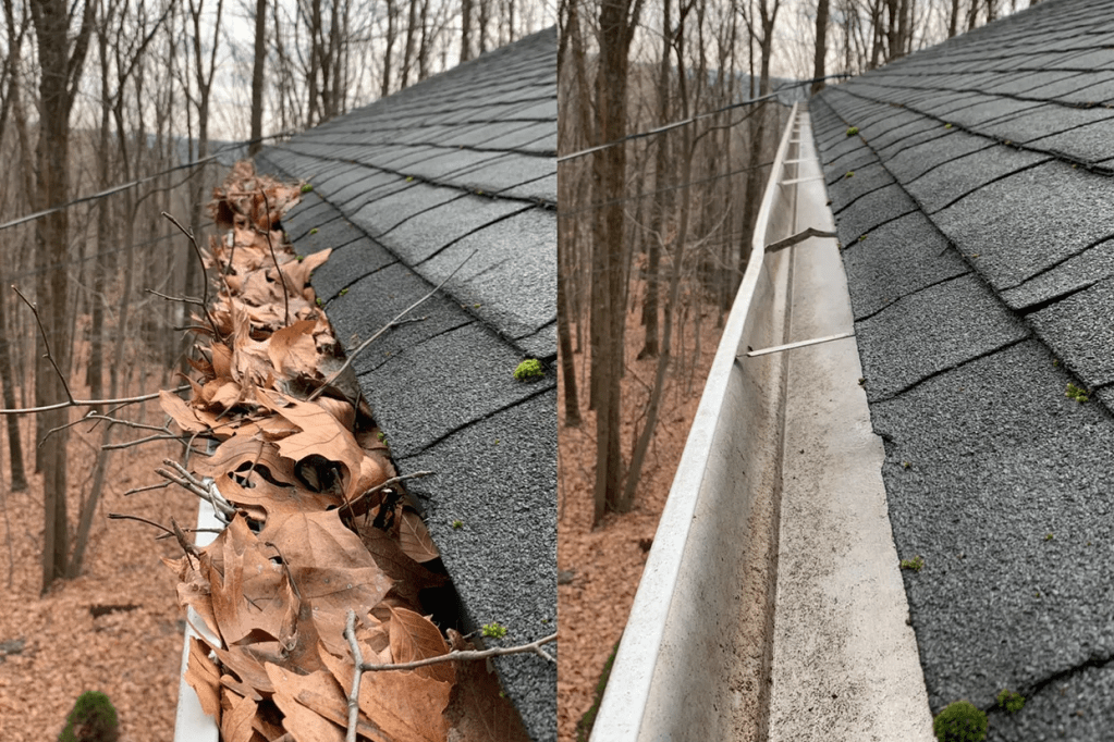A side-by-side comparison of a hanging aluminum gutter before and after cleaning by So Clean Solutions.