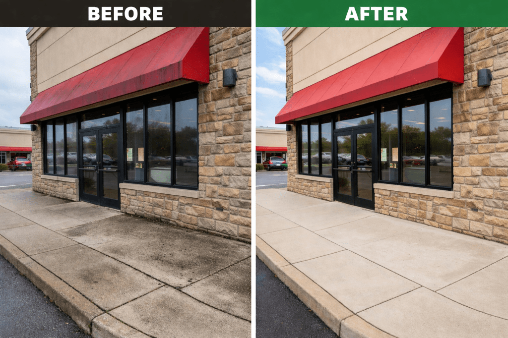 A side-by-side comparison of a retail storefront before and after a comprehensive exterior cleaning by So Clean Solutions.