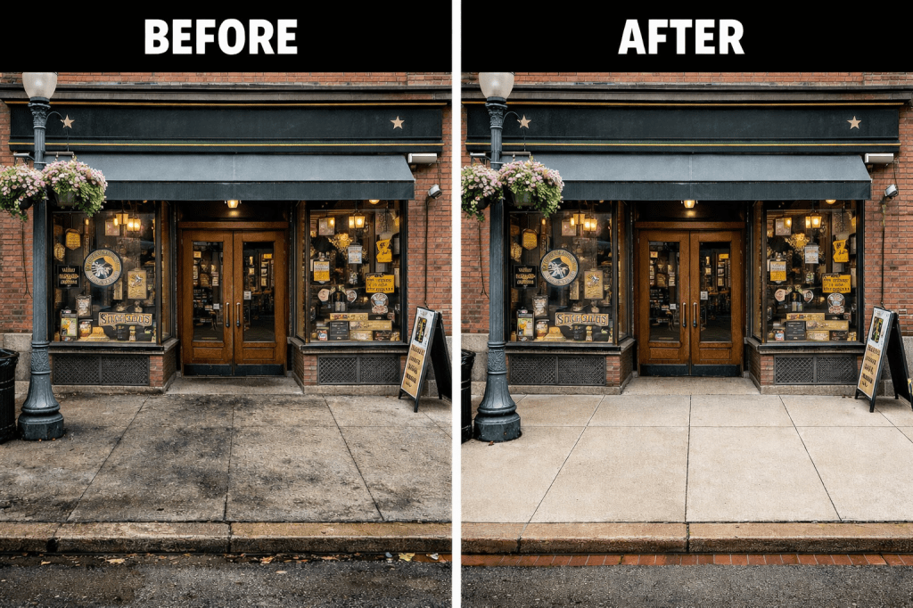 A side-by-side comparison of a retail storefront in Pittsburgh, PA, before and after the sidewalk was pressure-washed by So Clean Solutions.
