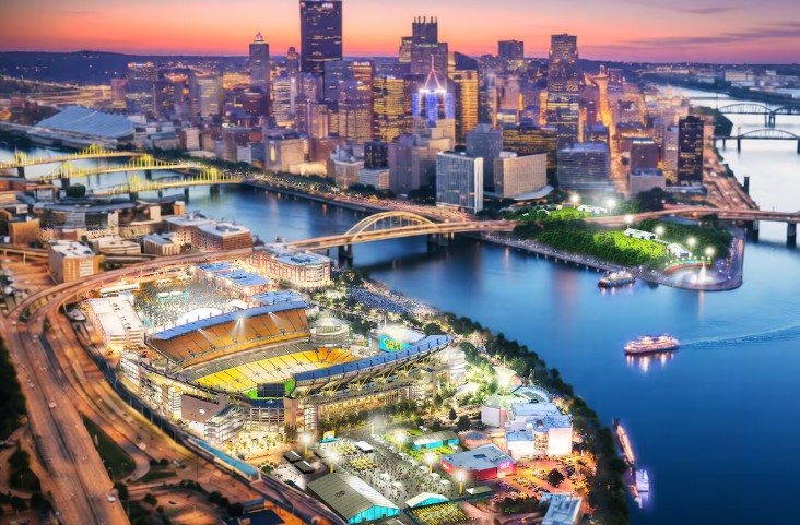 An artist's rendering of Point State Park and Pittsburgh's North Shore during the upcoming 2026 NFL Draft.