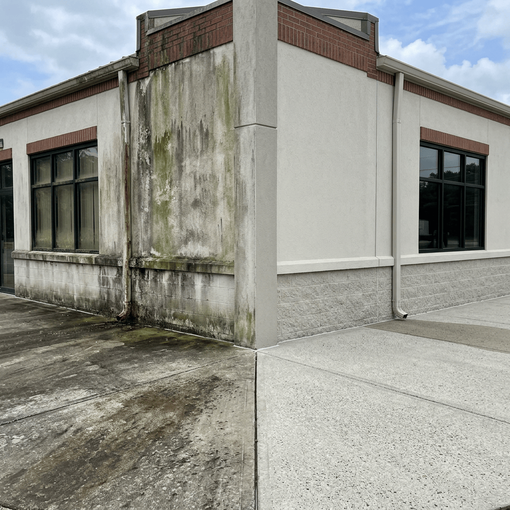 Commercial building exterior with moss-stained walls and concrete pavement