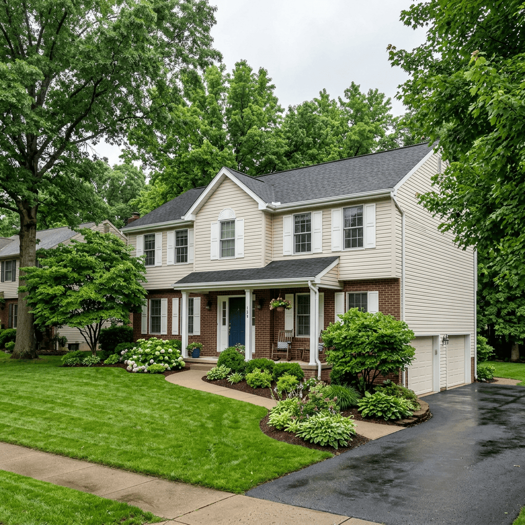 Two-story suburban home with landscaped garden and attached garage