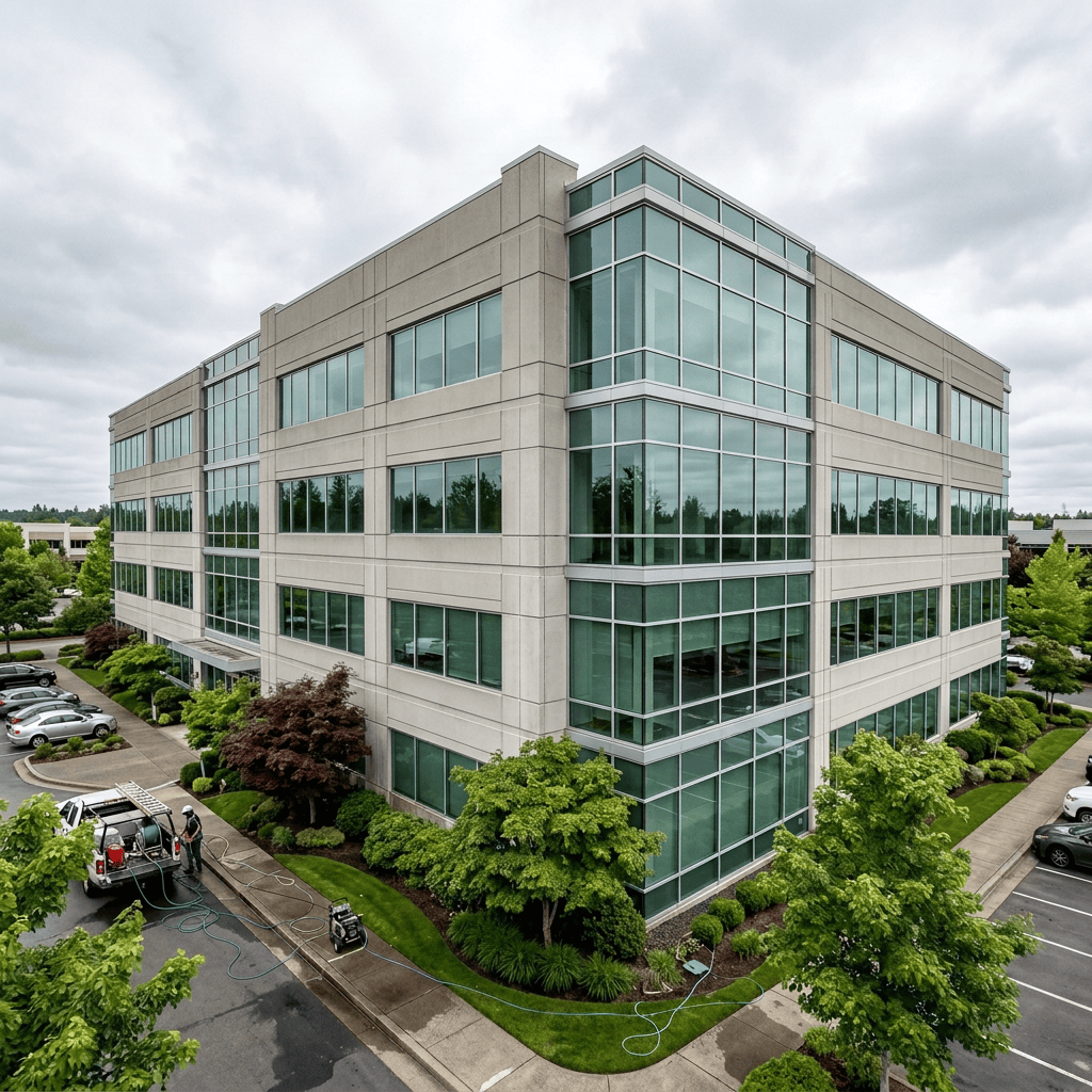 Workers clean windows on a landscaped office building